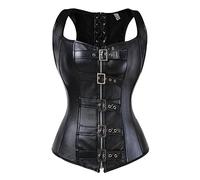 WSZJLN Corsé de Cuero de imitación Negro Top ZipBuckles Deshuesado Overbust Bustier Chaleco Sexy Punk Chaqueta de Moto Tallas Grandes Cordón S-6XL
