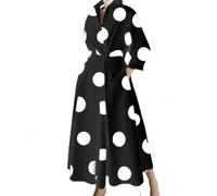 WSZJLN Vestido Camisero de Manga Larga con Temperamento Estampado de otoño para Mujer - Fondo Negro con Lunares Blancos - S