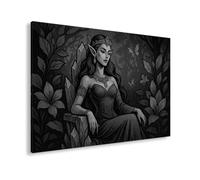 WTD - Lienzo decorativo (80 x 60 cm), diseño de mujer elfa con corona sobre trono de cristal, color blanco y negro