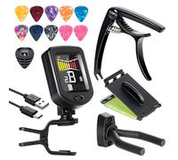 WTEETB Cejilla de guitarra recargable, afinador de guitarra acústica, kit de accesorios que incluye cejilla, afinador, púas, colgador de montaje en pared, limpiador de cuerdas de guitarra para