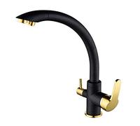 WTEPNQQDI Grifo Mezclador de Fregadero Cocina 3 vías Filtro Agua en 1 Puro latón Beber Directo frío y Caliente filtrado con rotación 360 ° Oro Negro