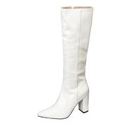 Wtharosa Botas Altas Mujer De Cuero Vernizado Blanco Punta Fina Tacón Medio Bloque Cremallera Lateral Botas Largas para Cóctel Otoño Invierno & Noche A La Moda,Blanca,44 EU