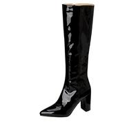 Wtharosa Botas Altas Mujer De Cuero Vernizado Blanco Punta Fina Tacón Medio Bloque Cremallera Lateral Botas Largas para Cóctel Otoño Invierno & Noche A La Moda,Negro,43 EU