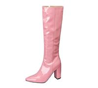 Wtharosa Botas Altas Mujer De Cuero Vernizado Blanco Punta Fina Tacón Medio Bloque Cremallera Lateral Botas Largas para Cóctel Otoño Invierno & Noche A La Moda,Rosado,45 EU