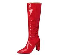Wtharosa Botas Altas Mujer De Cuero Vernizado Blanco Punta Fina Tacón Medio Bloque Cremallera Lateral Botas Largas para Cóctel Otoño Invierno & Noche A La Moda,Rojo,35 EU