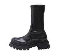 Wtharosa Botas De Combate con Plataforma De Media Pantorrilla para Mujer Cuero Sintético Negro Suela Dentada Gruesa Empeine Elástico Moda Diario,Black Fleece Lining,39 EU