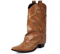 Wtharosa Botas De Cuero Estilo Western Media Pantorrilla Diseño Tachuelas Punta Tacón Bajo Fiesta Calle,Amarillo,43 EU