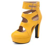 Wtharosa Botas De Tacón Alto Plataforma Punta Afilada Recortada Tacón De Bloque Grueso Sandalias Doble Hebilla Correa Zapatos De Vestir Mujer Invitada De Boda Y Eventos Formales,Amarillo,38 EU