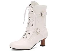 Wtharosa Botas Media Pantorrilla para Mujeres Botas Combate Hebilla Cordones Cremallera Tacón Grueso O Kitten Duraderas para Otoño Invierno Casual O Noche,Blanca,38 EU