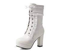 Wtharosa Botas Mujer Lolita Plataforma Tacón Alto Volantes Cordones Tacón Grueso Cremallera Lateral Estilo Retro Dulce En Beige Y Negro para Diario,Blanca,46 EU