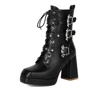 Wtharosa Botas Negras Plataforma Punk Cordones Tacón Grueso Triple Hebilla Acento Dragón Cremallera Lateral Uso Diario Calle Estilo Rock,Black PU,46 EU