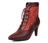Wtharosa Botines De Brillo para Mujer, con Cordones, Punta Puntiaguda, Tacón Cónico, Aptos para Trabajo, Noche, Fiesta, Oficina Y Uso Casual, Botines Cortos De Moda,Rojo,44 EU
