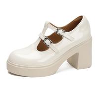 Wtharosa Mocasines de Altura para Mujer Plataforma Tacón de Bloque Mary Janes para Estar de Pie Todo el Día y Caminar Zapatos con Correa en T,Apricot,35 EU