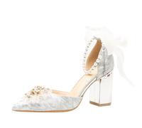 Wtharosa Mujeres Boda Tacos Perla Tobillera Encaje Plata Flor Adornos Elegante Tacón Grueso Zapatos para Novia Y Fiesta,Silver (8cm Heel),39 EU