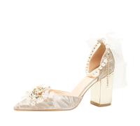 Wtharosa Mujeres Boda Tacos Perla Tobillera Encaje Plata Flor Adornos Elegante Tacón Grueso Zapatos para Novia Y Fiesta,Champagne Gold (6cm Heel),36 EU