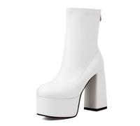 Wtharosa Mujeres Botas Tobillo Elásticas Diseño Plataforma Tacón Bloque Grueso Suela Plataforma Alta Cremallera Trasera para Trabajo Oficina Viaje Diario,Blanca,44 EU