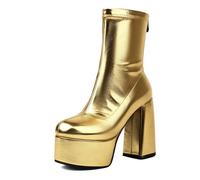 Wtharosa Mujeres Botas Tobillo Elásticas Diseño Plataforma Tacón Bloque Grueso Suela Plataforma Alta Cremallera Trasera para Trabajo Oficina Viaje Diario,Oro,39 EU