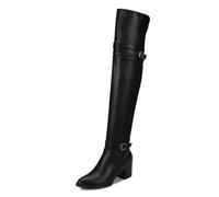 Wtharosa Mujeres Cremallera Lateral Botas sobre Rodilla Punta Afilada Tacón Bloque Detalle Correa Hebilla para Invierno Ciudad,Negro,36 EU