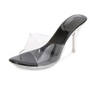 Wtharosa Mujeres Mules Transparentes con Tacón De Aguja Detalles Charol Negro Sandalias Tacón Alto Punta Abierta para Fiesta Boda Verano,Negro,37 EU