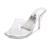 Wtharosa Mujeres Mules Transparentes con Tacón De Aguja Detalles Charol Negro Sandalias Tacón Alto Punta Abierta para Fiesta Boda Verano,Plata,35 EU