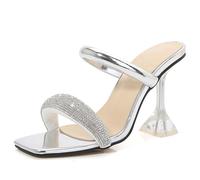 Wtharosa Mules Mujer Cristales Tacón Transparente Cuero Laca Negro Cuero Laca Plata Cómodas Boda Fiesta Vestido De Noche,Argent,37 EU