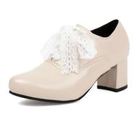 Wtharosa Oxford Brogues Elegantes para Mujer, Tacón Medio Bloque, Punta Redonda, Zapatos PU, Diseño Wingtip Retro con Detalle de Cordones, Clásicos para Oficina y Uso Diario,Beige,46 EU