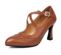 Wtharosa Pumps Mary Jane Brogue Inspiradas en el Vintage Mujer Punta Afilada Correa Cruzada Tacones de Aguja Elegantes Zapatos de Trabajo de Vestir Reuniones de Oficina,Marrón,41 EU