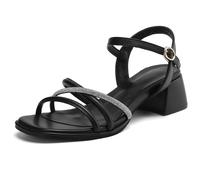 Wtharosa Sandalias De Vestir con Pedrería Mujer Punta Abierta Tacón De Bloque Zapatos De Noche Brillantes con Tira Al Tobillo para Bodas Y Eventos Formales,Negro,41 EU