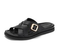 Wtharosa Sandalias Gladiador Planas Correa Cruzada Punta Abierta Detalle Hebilla Casuales para Vacaciones Exterior Verano PU Goma,Negro,36 EU