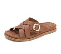 Wtharosa Sandalias Gladiador Planas Correa Cruzada Punta Abierta Detalle Hebilla Casuales para Vacaciones Exterior Verano PU Goma,Marrón,38 EU