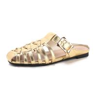 Wtharosa Sandalias Gladiador Planas Diseño Tejido Hebilla Dorada Slip On Punta Cerrada para Playa Vacaciones Ligero PU,Oro,43 EU