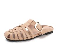 Wtharosa Sandalias Gladiador Planas Diseño Tejido Hebilla Dorada Slip On Punta Cerrada para Playa Vacaciones Ligero PU,Apricot,43 EU