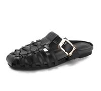 Wtharosa Sandalias Gladiador Planas Diseño Tejido Hebilla Dorada Slip On Punta Cerrada para Playa Vacaciones Ligero PU,Negro,37 EU