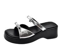Wtharosa Sandalias Plataforma Mujer Hebilla Metalico Lazo Suela Wedge Chanclas Verano Cómodas Zapatos Playa Casual para Caminar Al Aire Libre Ancho,Plata,41 EU