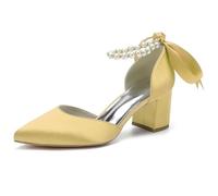 Wtharosa Tacones De Boda De Satén Mujer Punta Afilada Tacón De Bloque Correa De Perlas Lazo Pumps Elegantes Zapatos De Vestir Estilo Moderno Refinado para Fiesta Nupcial,Oro,35 EU