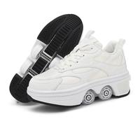 Wtharosa Zapatillas Skate 2 en 1 Ruedas Retráctiles Perilla Cordones Base Antideslizante Duradera Soporte Estable Diseño Genial para Patinar Caminar al Aire Libre,Blanca,40 EU