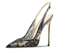 Wtharosa Zapatos De Salón Slingback De Encaje Y Malla Negros Mujer Tacones De Aguja Punta Fina Tacones Altos Elegantes 10cm 12cm Zapatos De Vestir para Fiesta Y Club Diseño Sexy,Black12cm,35 EU