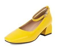 Wtharosa Zapatos De Vestir Mujer Pumps Mary Jane Punta Cuadrada Tacón De Bloque Piel Charol Correa Hebilla Tacones De Trabajo Oficina Zapatos Casuales De Fiesta,Amarillo,47 EU