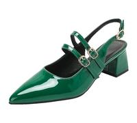 Wtharosa Zapatos Mujer Slingback Punta Cuero Charol Doble Correa Tacón Ancho Cómodo Oficina Boda Fiesta Vestido Amarillo Verde Rosa,Dark Green,41 EU