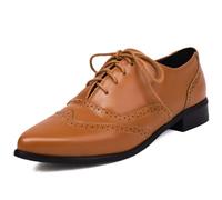 Wtharosa Zapatos Oxford Mujer Brogue Cordones Punta Afilada Tacón Bajo Planos Vestir,Marrón,40 EU