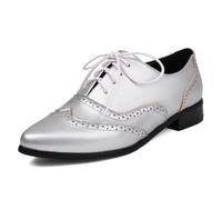 Wtharosa Zapatos Oxford Mujer Brogue Cordones Punta Afilada Tacón Bajo Planos Vestir,Plata,38 EU