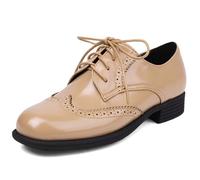 Wtharosa Zapatos Oxford Mujer Estilo Británico Ante Sintético Punta Redonda con Cordones Detalle Wingtip Tacón Bajo Bloque para Trabajo Escuela O Calle,Beige,35 EU
