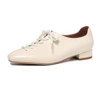 Wtharosa Zapatos Planos con Atadura Mujer Punta Cuadrada Tacón de Bloque Bajo Oxford Zapatos de Vestir Cómodos Zapatos para Caminar para Trabajo de Oficina y Uso Diario,Beige,36 EU