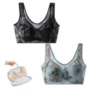 WTKYLMP Elle Bloom Ice Silk Lace Bra,Miracharm Bras,Lace Buttonless Comfortable Bra,Seamless Wireless Push Up Bras For Women (Black+Blue,XL)