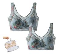 WTKYLMP Elle Bloom Ice Silk Lace Bra,Miracharm Bras,Lace Buttonless Comfortable Bra,Seamless Wireless Push Up Bras For Women (Blue 2Pcs,L)