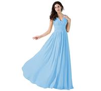WTWVIAN Vestido de novia de dama de honor con cuello en V largo de gasa con volantes, azul claro, 44