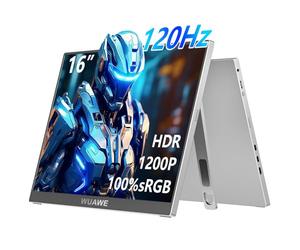 WUAWE 16" 1200P 120Hz Monitor Portátil, Monitor de Juegos Portátil con 100% sRGB, Soporte Integrado, HDR y Freesync, Monitor USB C Externo para Laptop, PC, Teléfono, Switch, Xbox y PS5 (Plata)