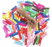 WUBAYI 100 pinzas de madera coloridas de 3,5 cm para fotos pequeñas con cuerda de yute natural de 10 m para manualidades, tablero de notas, colgar fotos