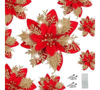 WUBAYI 12 flores decorativas para árbol de Navidad con 12 tallos y clips, flores artificiales de Pascua con purpurina para árbol de Navidad, boda, Año Nuevo, guirnalda de Navidad, decoración de corona