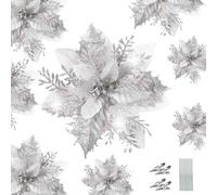 WUBAYI 12 flores para árbol de Navidad con 12 tallos y clips, flores artificiales de Pascua con purpurina para árbol de Navidad, boda, Año Nuevo, guirnalda de Navidad, corona, decoración (plata)
